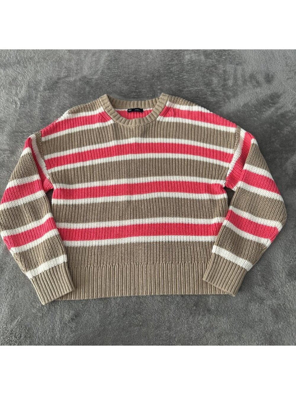 Gap Shaker Pullover Sweater Coral Khaki Stripe XS 100% Cotton